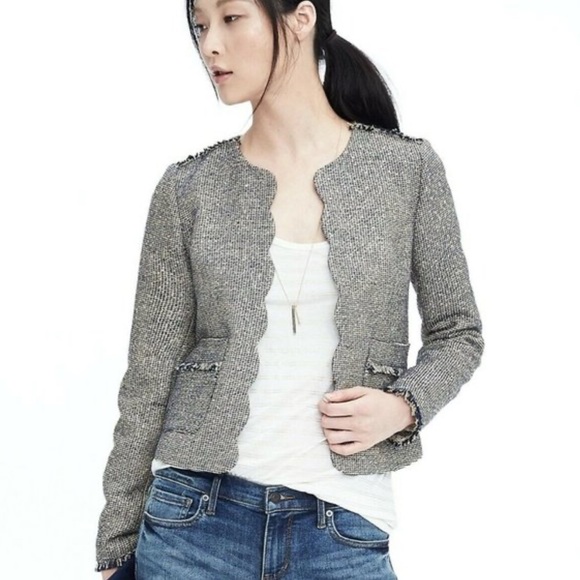 Banana Republic Blue Tweed Scalloped Open Blazer - Size 4 Petite - Picture 3 of 10